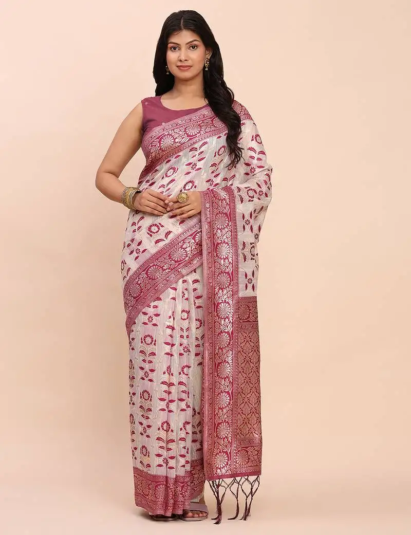 Off-white purple linen cotton saree with zari woven border