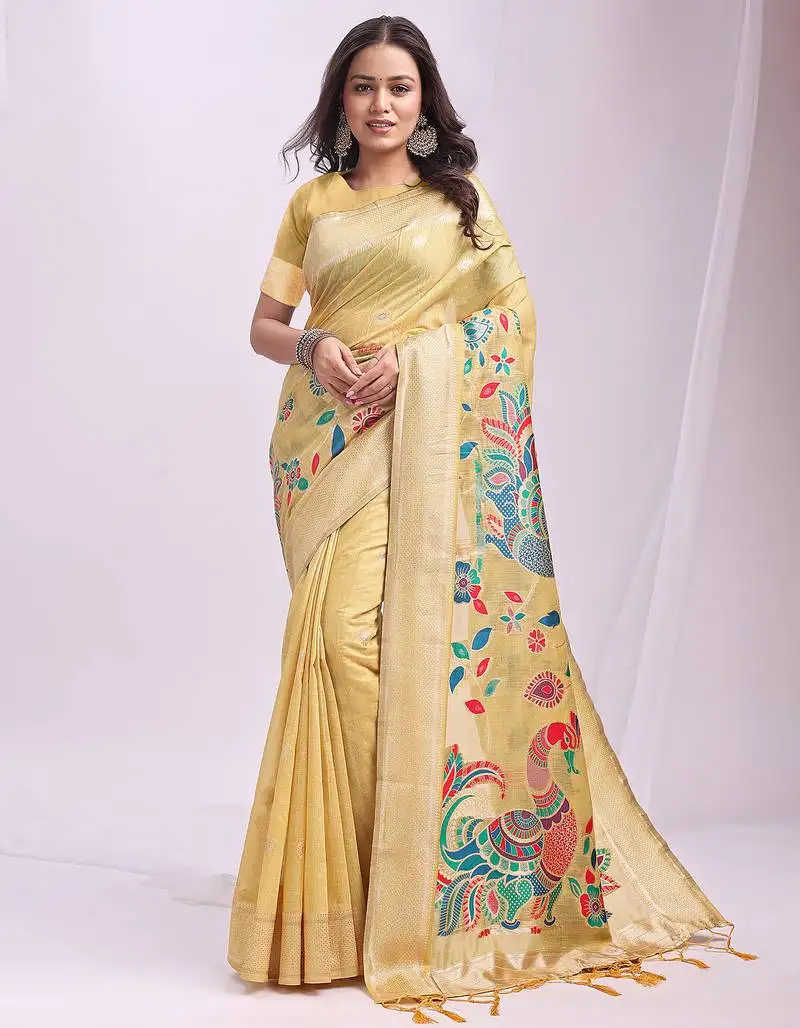 Yellow linen cotton saree with peacock pallu zari border