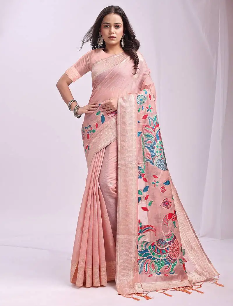 Peach linen cotton saree with peacock pallu zari border