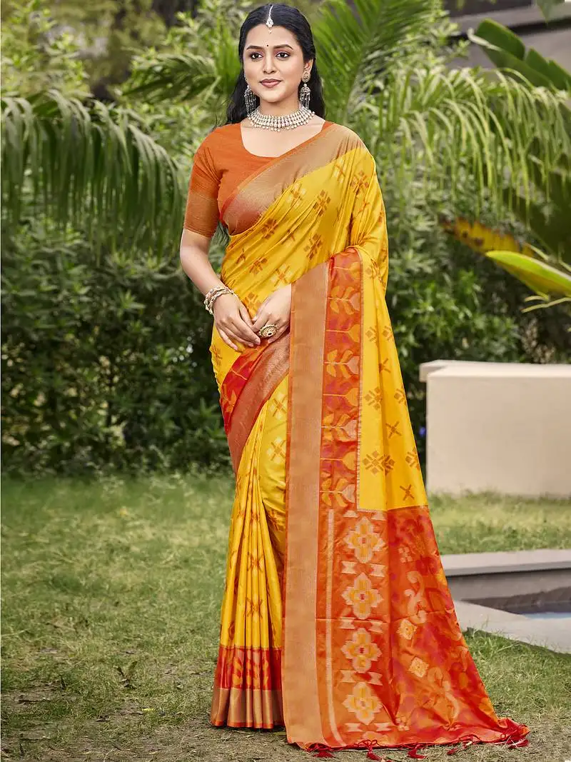 Yellow red pochampalli silk blend saree with ikat woven pallu