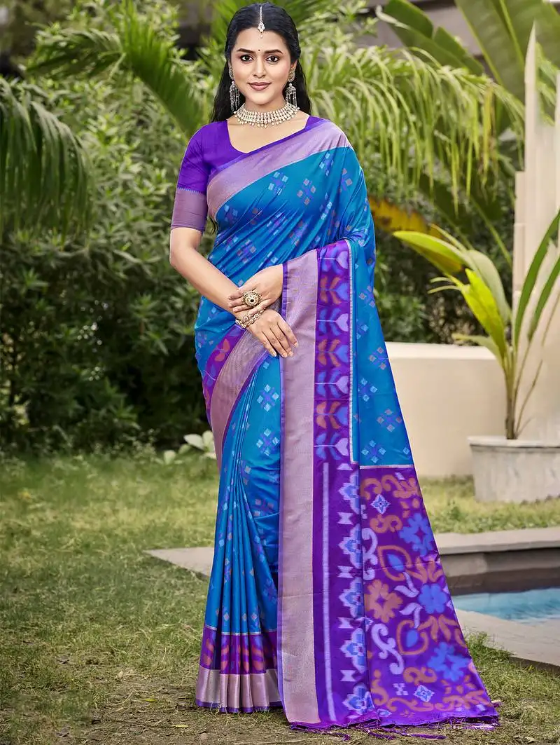 Blue violet pochampalli silk blend saree with ikat woven pallu