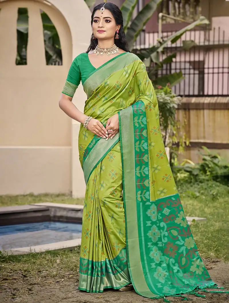 Light green green pochampalli silk blend saree with ikat woven pallu