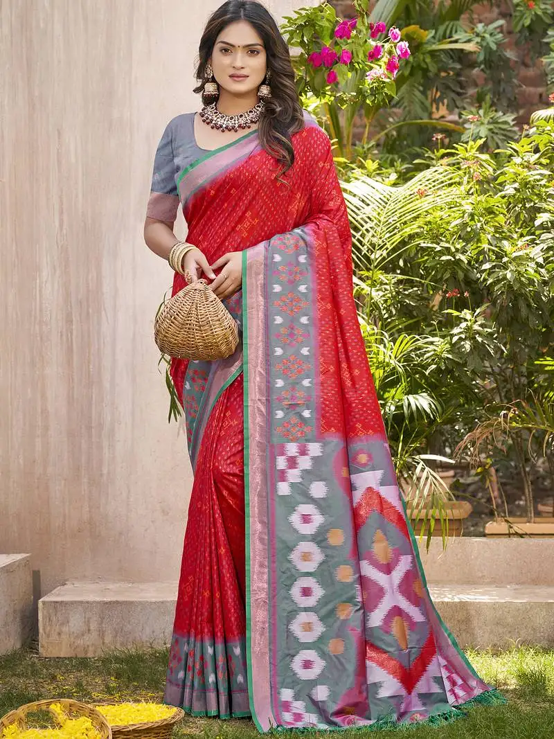 Royal red grey pochampalli soft silk saree with traditional ikat woven pallu perfect for festive sari wedding sari