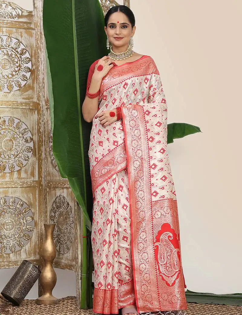 Premium woven linen cotton saree with traditional zari border elegant festive look perfect for durga puja sari