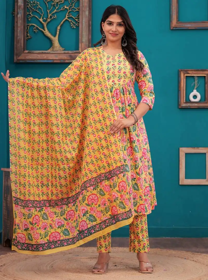 Yellow floral printed kurti & trouser with voile printed dupatta