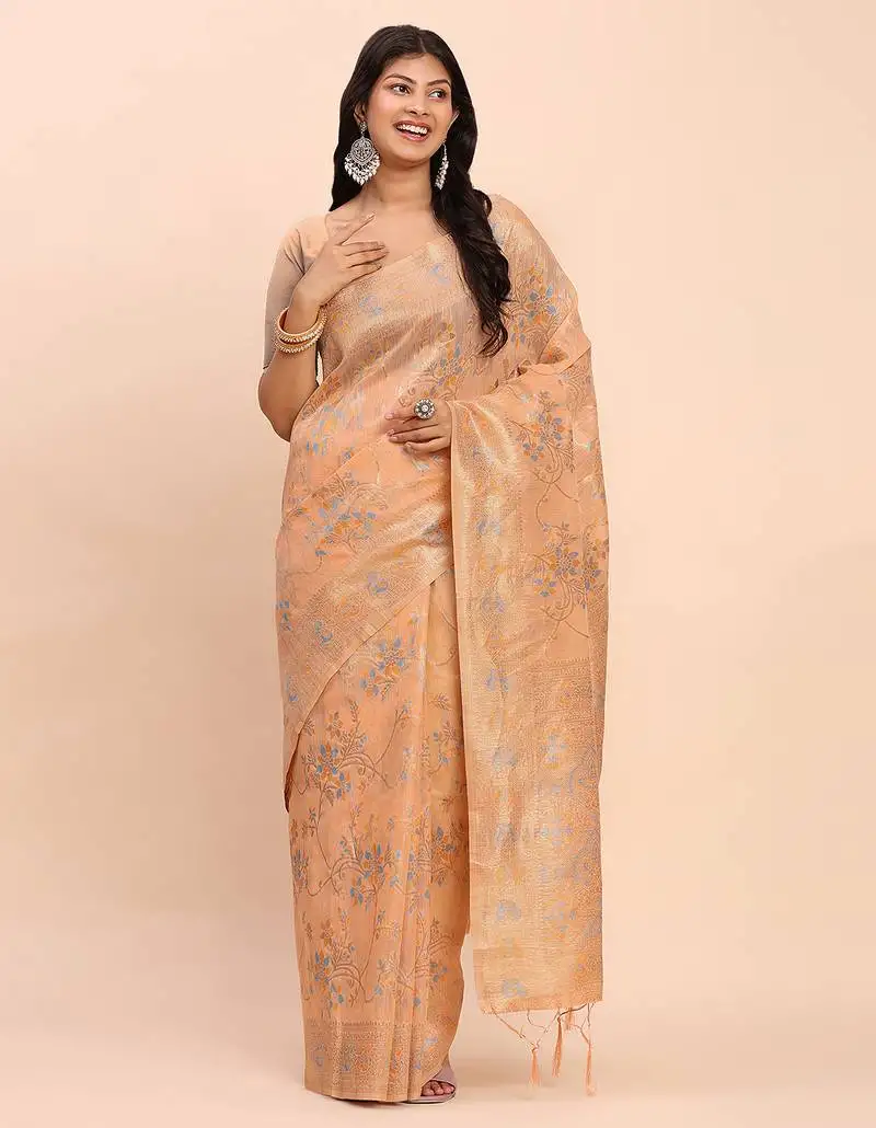 Elegant orange linen cotton saree with floral weave & soft gold pallu graceful choice for casual, office & festive looks