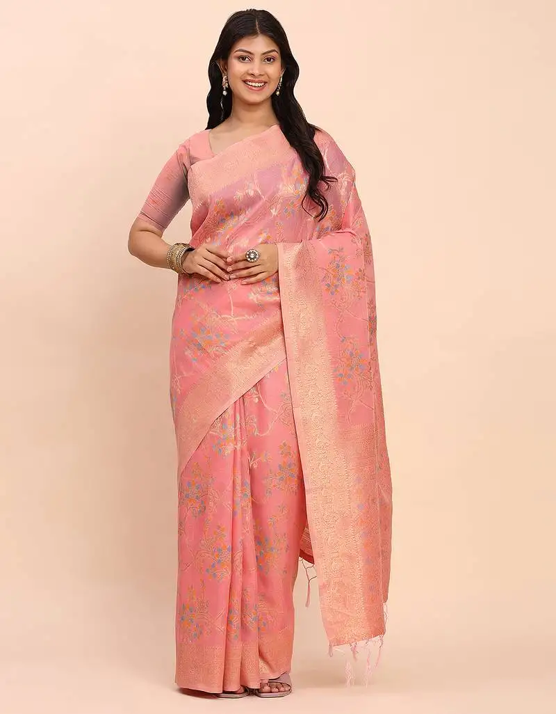 Peach floral weave linen cotton saree with soft gold pallu