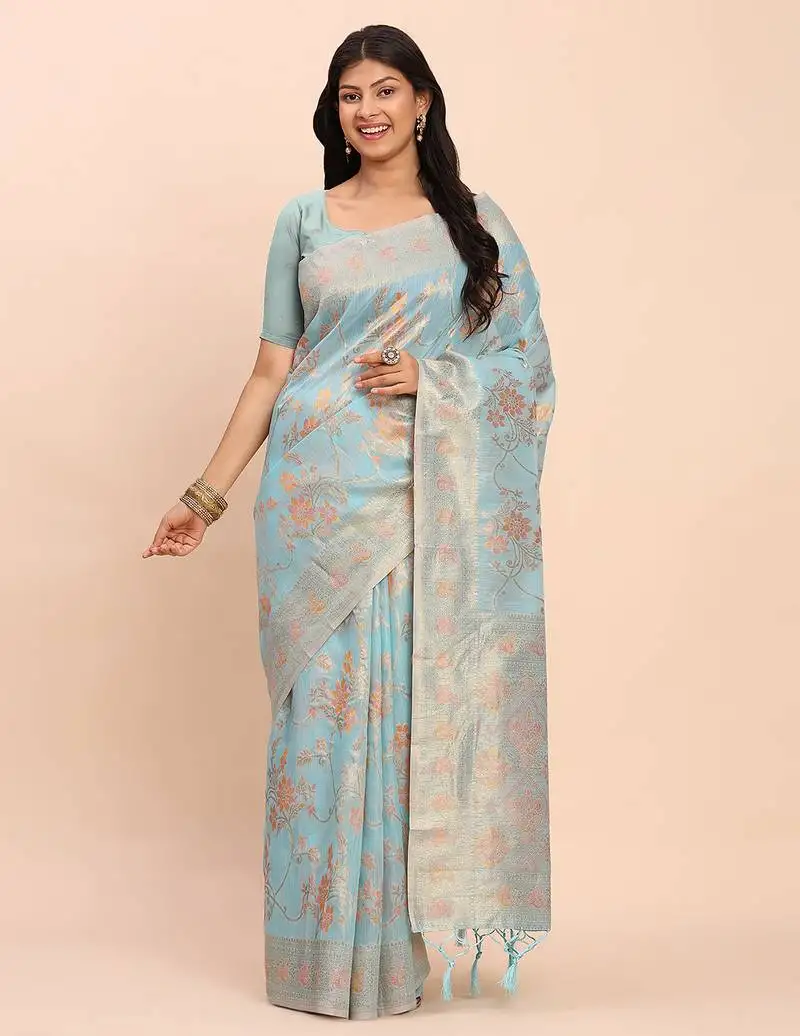 Light blue floral weave linen cotton saree with soft gold pallu