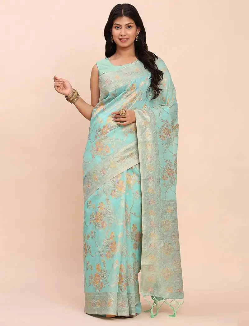 Light green floral weave linen cotton saree with soft gold pallu