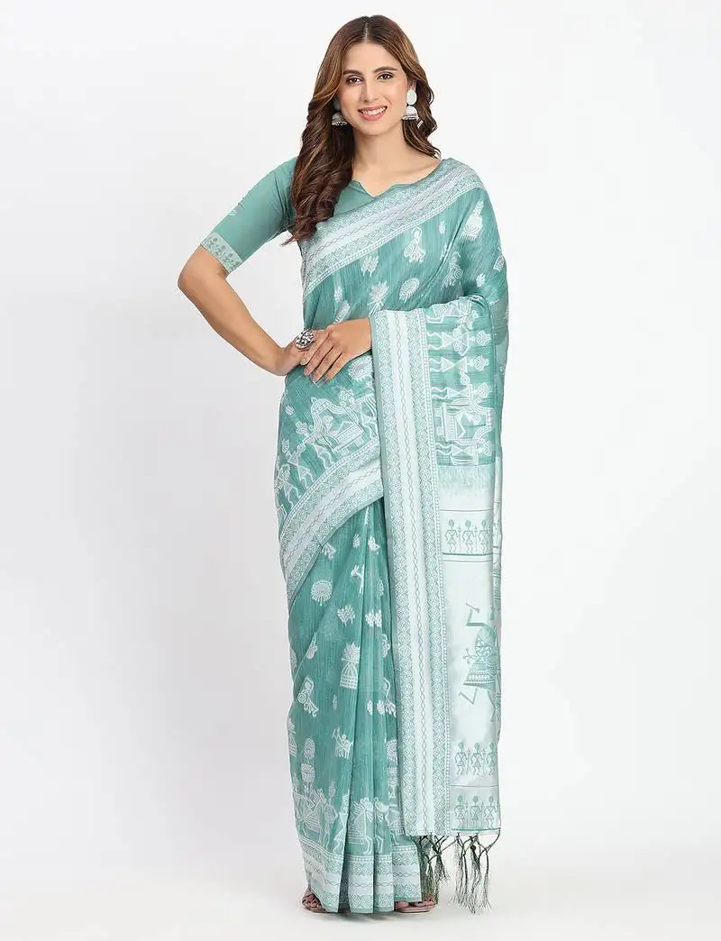 Linen cotton saree with butta weaving tassel pallu
