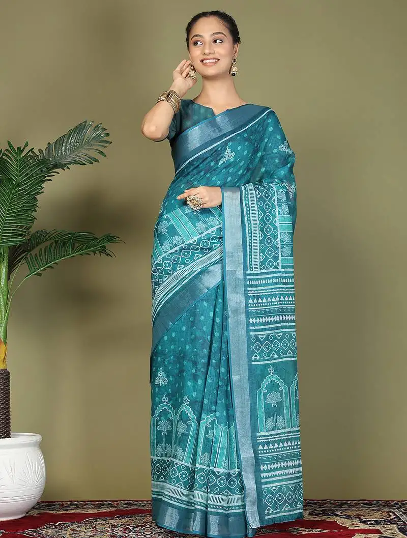 Sea green printed cotton ready-to-wear saree with pocket inner lining