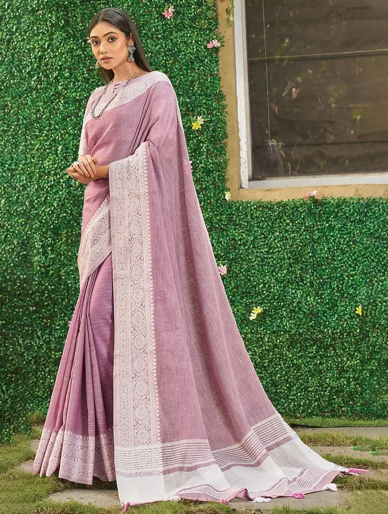 Lavender linen cotton saree with intricate woven border contrast pallu soft lightweight traditional drape tasselsari