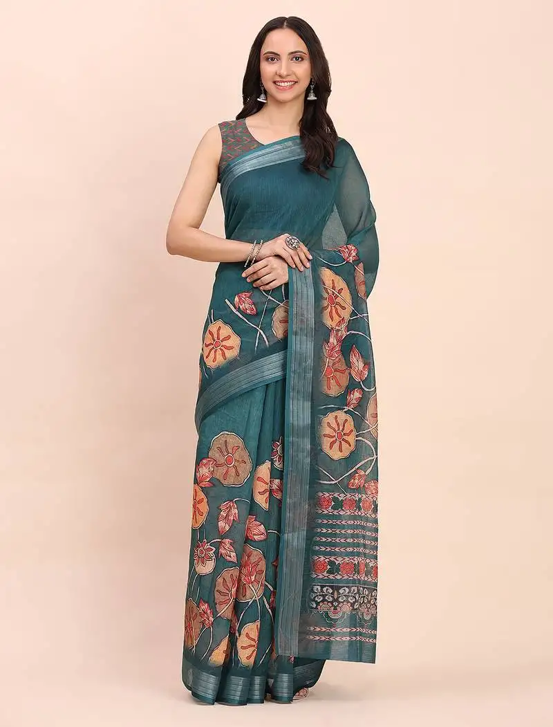 Teal green cotton cotton saree with tribal floral print | bold ethnic design | lightweight casual festive saree