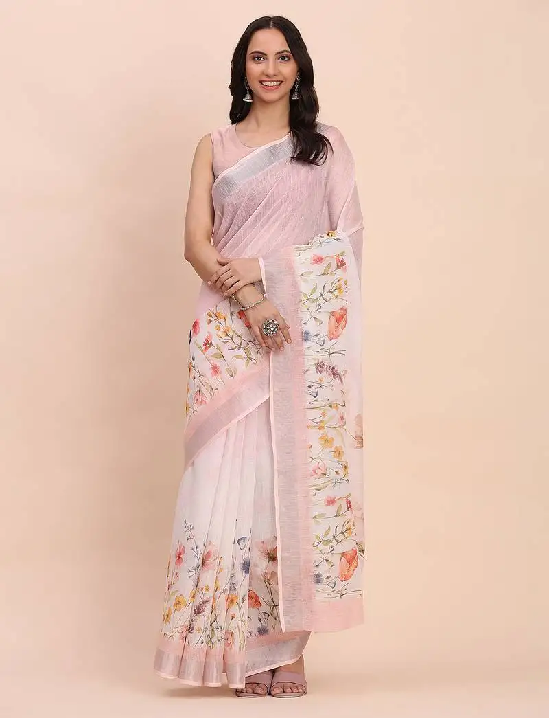 Light pink cotton cotton saree with tribal floral print