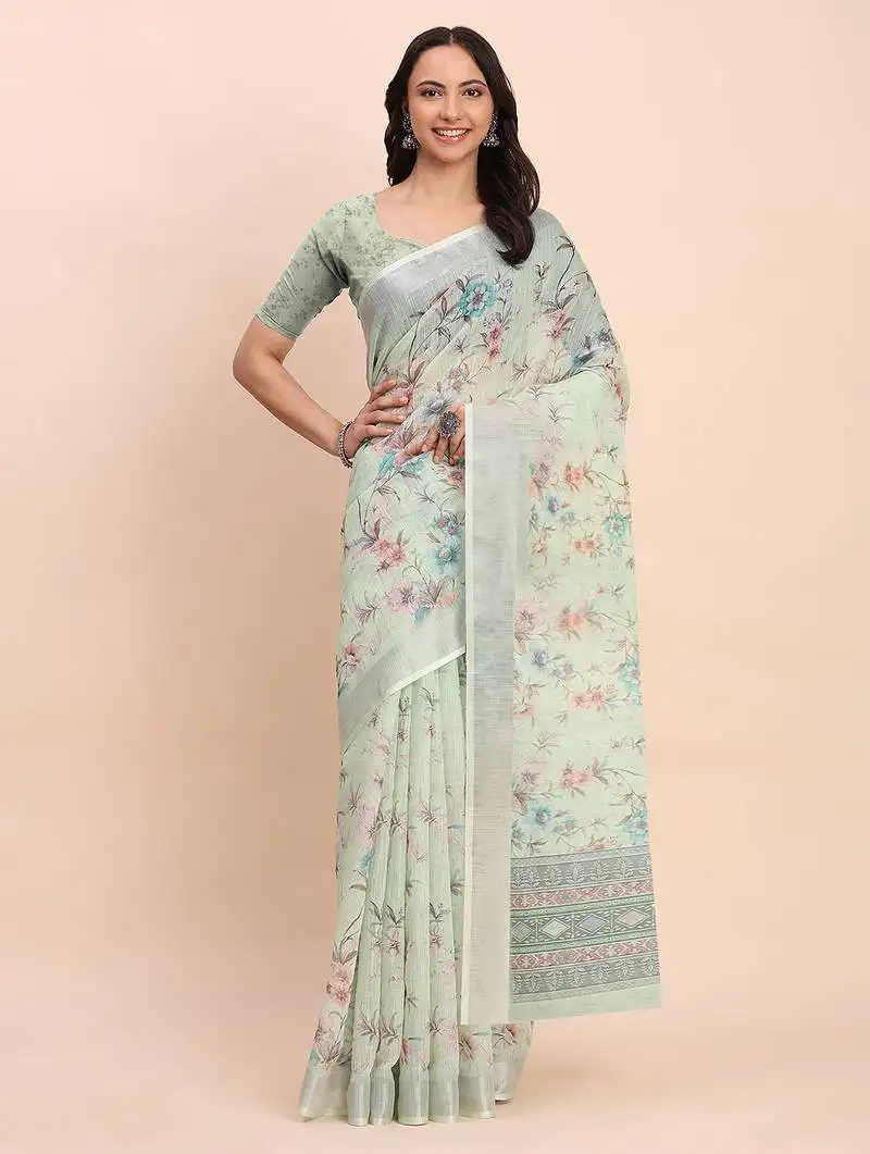 Light green cotton cotton saree with tribal floral print
