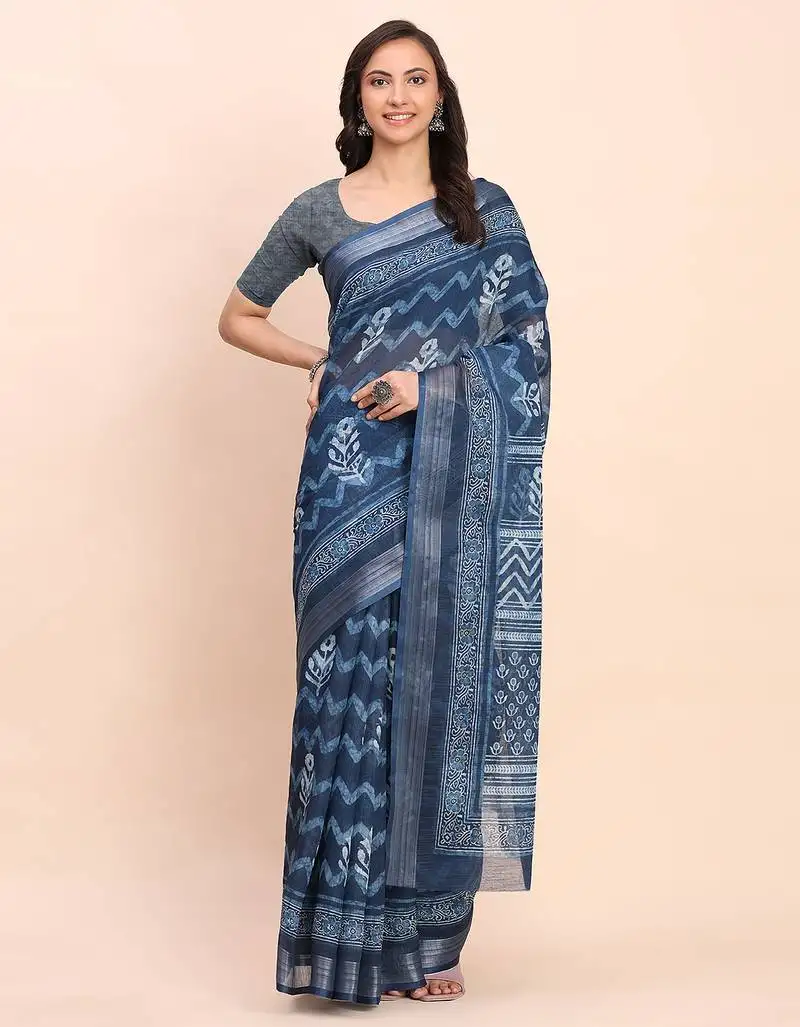 Indigo blue cotton cotton saree with tribal floral print