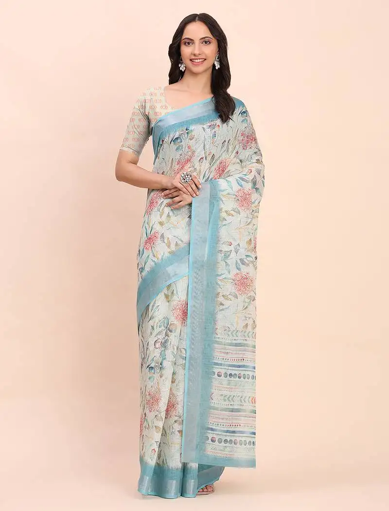 Sky blue cotton cotton saree with tribal floral print