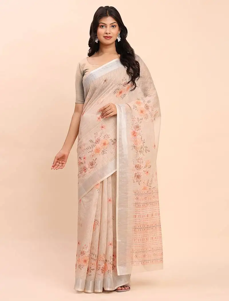 Soft linen cotton saree with blouse elegant cream beige saree with peach floral print subtle zari border sari