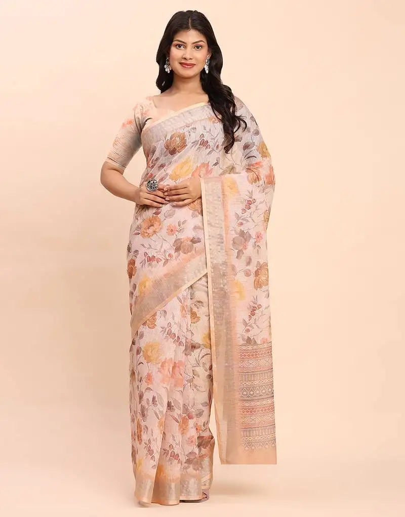 Cream beige linen cotton floral print zari border saree with blouse