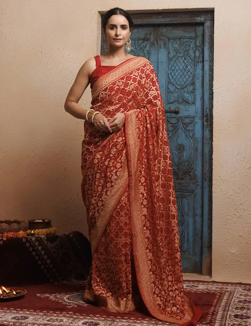 Red pure georgette zari woven gharchola bandhani saree