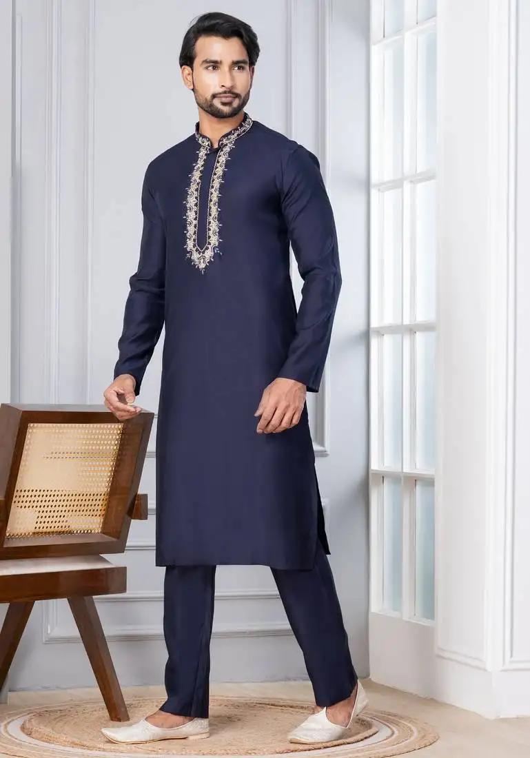 Blue blended cotton kurta pyjama set