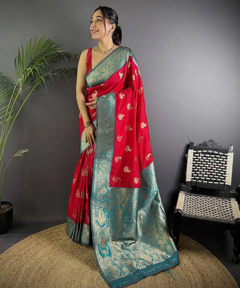 Red silk blend woven butta weaving banarasi saree with zari border