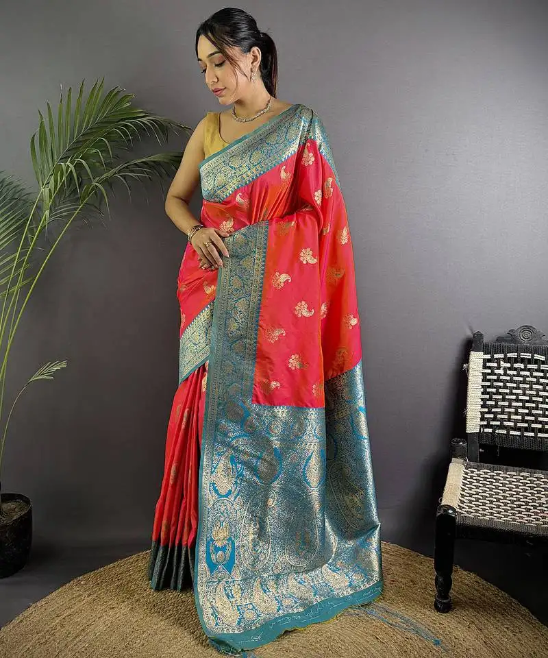Hot pink silk blend woven butta weaving banarasi saree with zari border