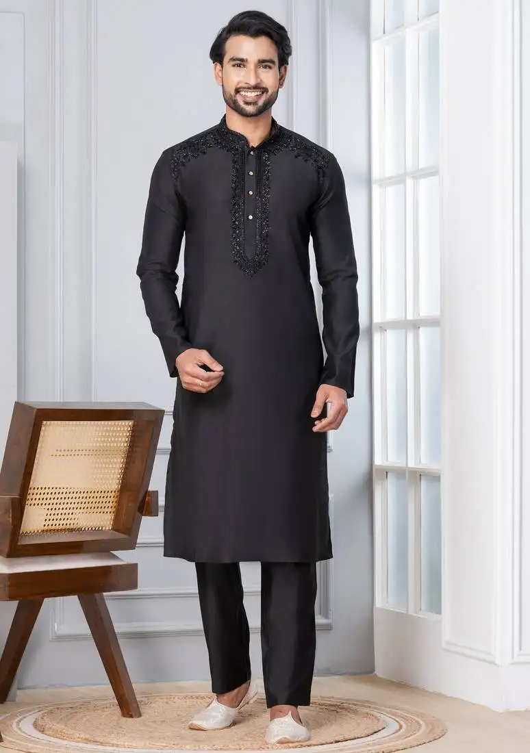 Black blended cotton kurta pyjama set