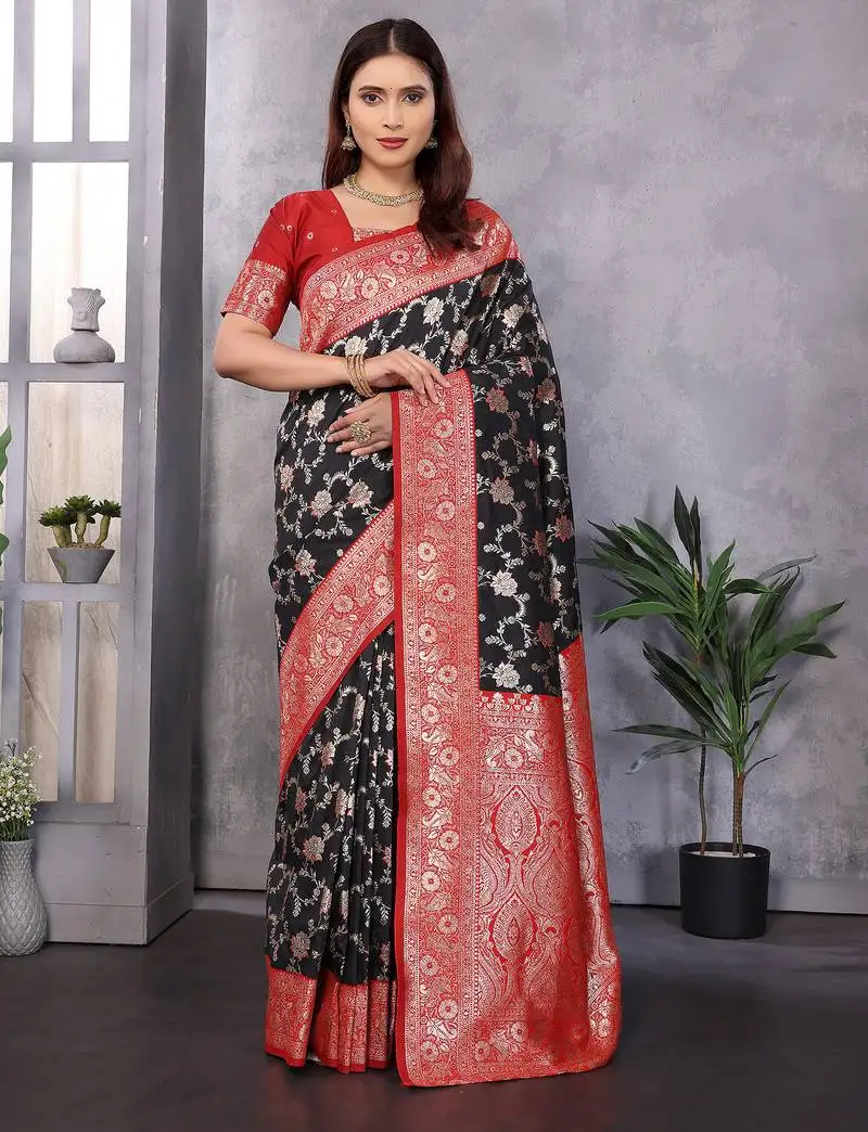 Black silk blend zari zaal weaving banarasi saree with contrast blouse