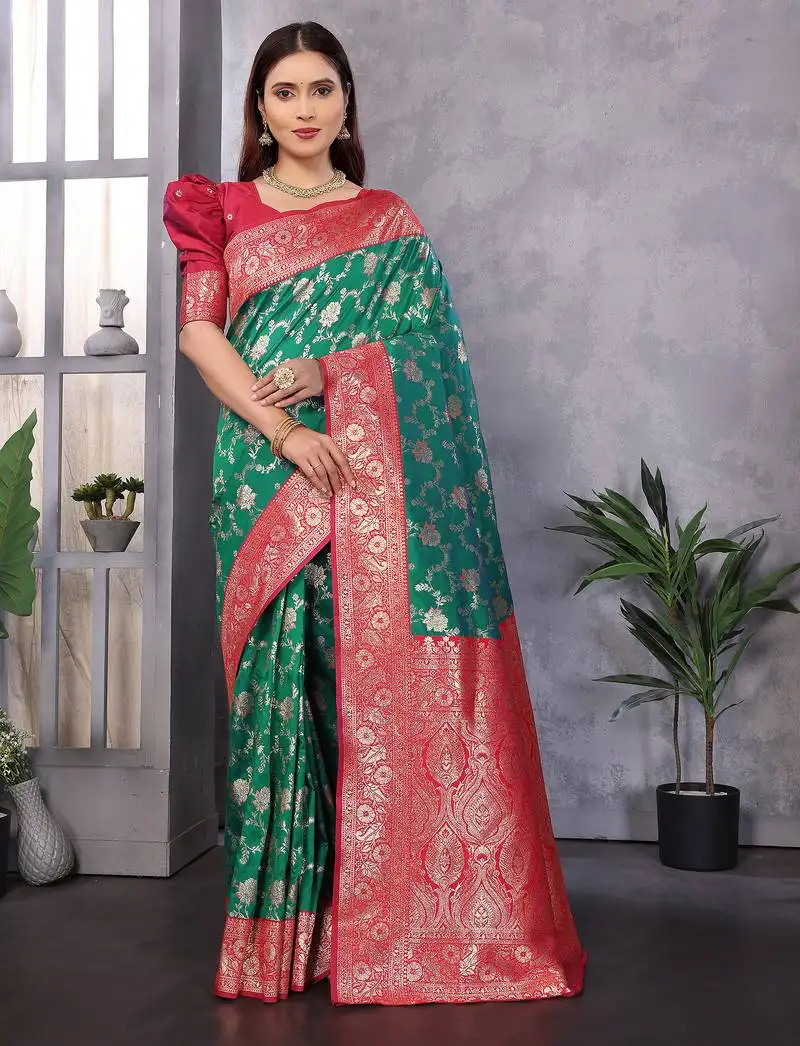 Green silk blend zari zaal weaving banarasi saree with contrast blouse