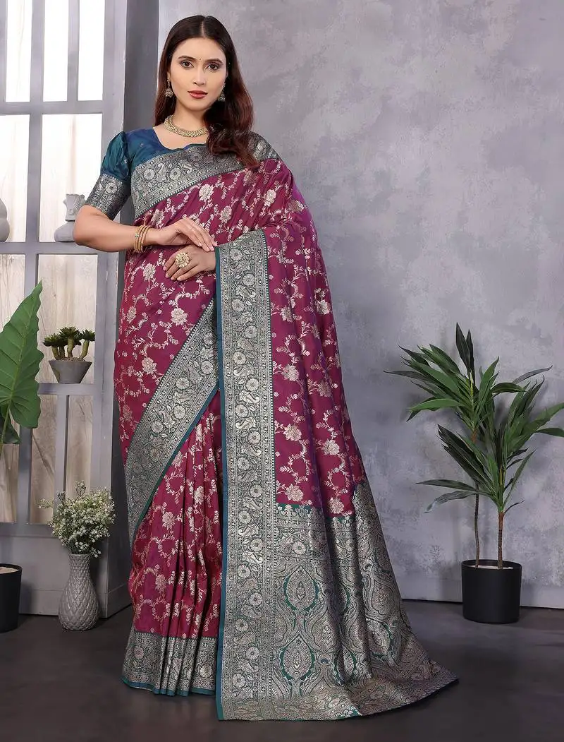 Magenta silk blend zari zaal weaving banarasi saree with contrast blouse