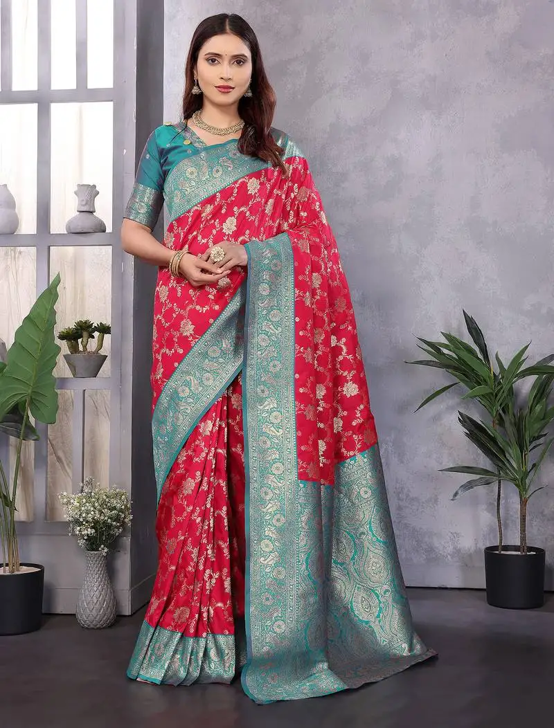 Red silk blend zari zaal weaving banarasi saree with contrast blouse