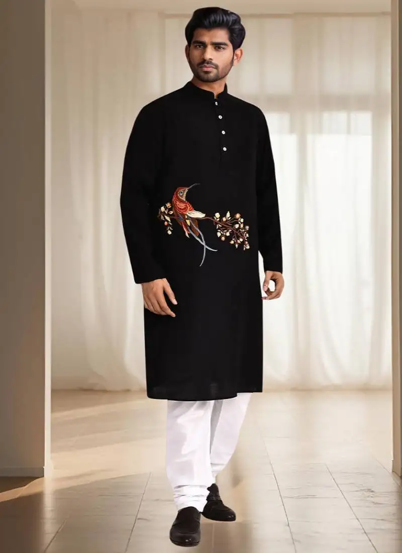 Black silk kurta churidar for men's