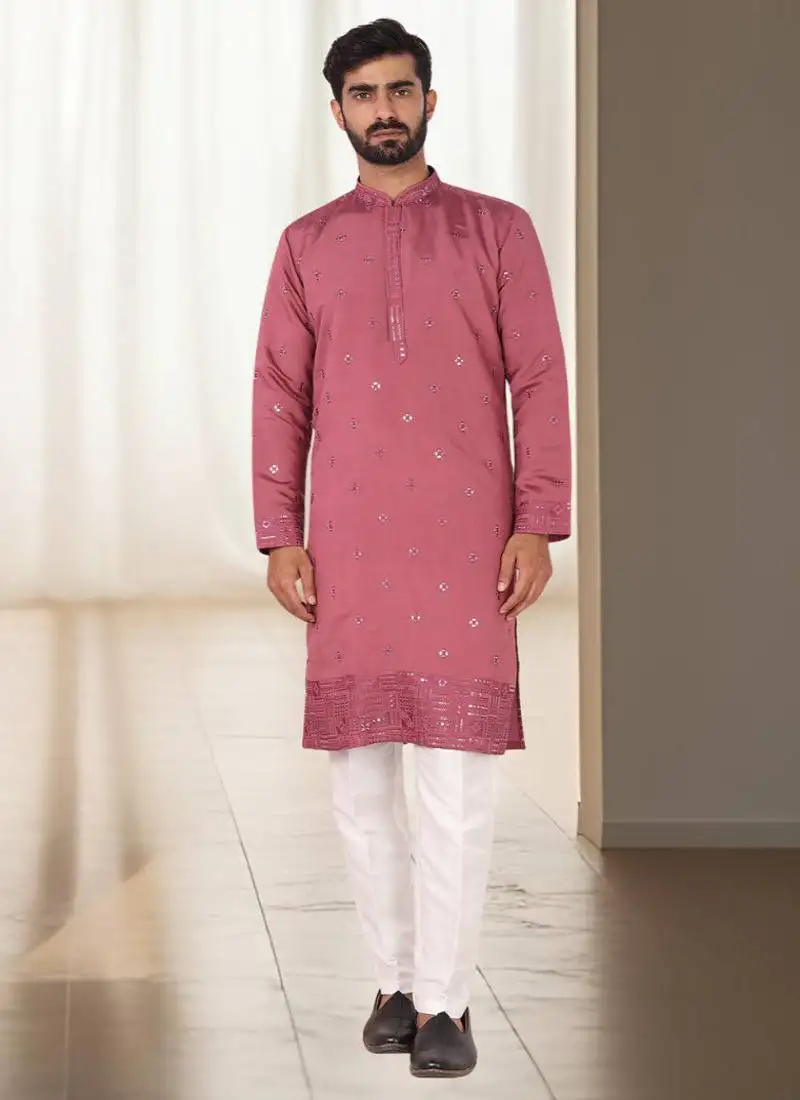 Coral mirror embroidery silk kurta sets for men's