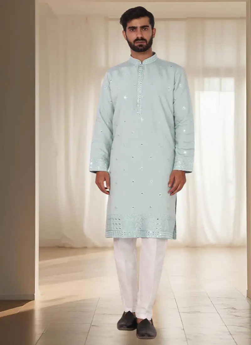 Light firozi mirror embroidery kurta churidar