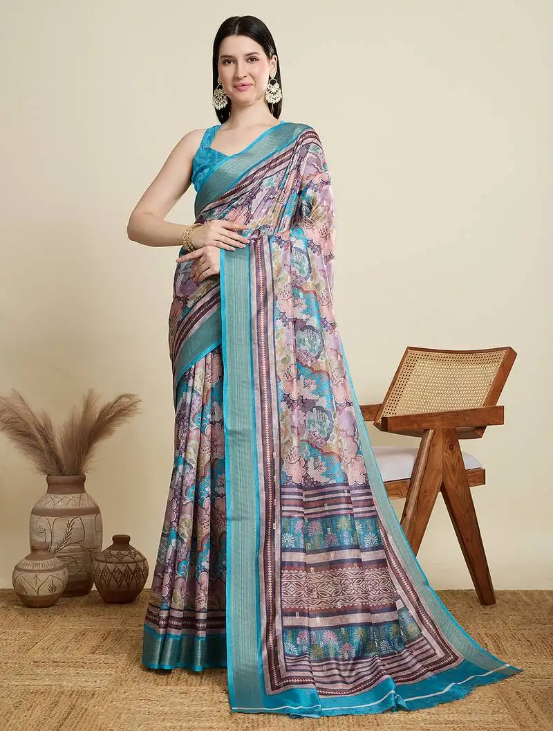 Tea blue cotton woven border and printed saree