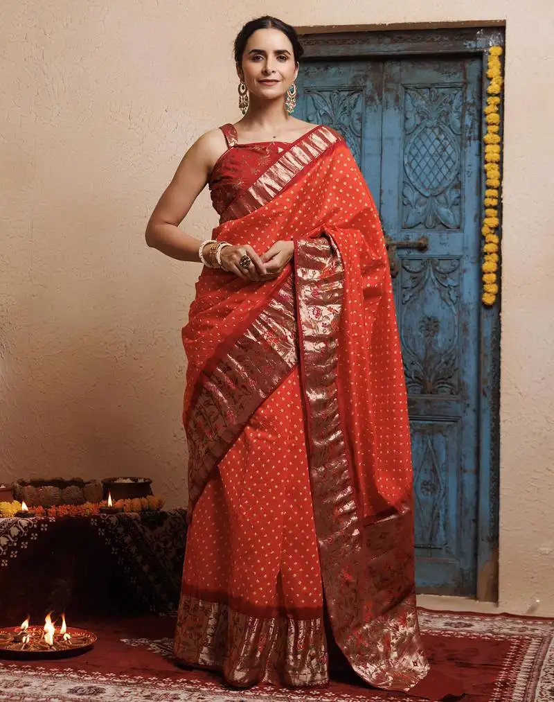 Maroon orange zari woven bandhani silk saree