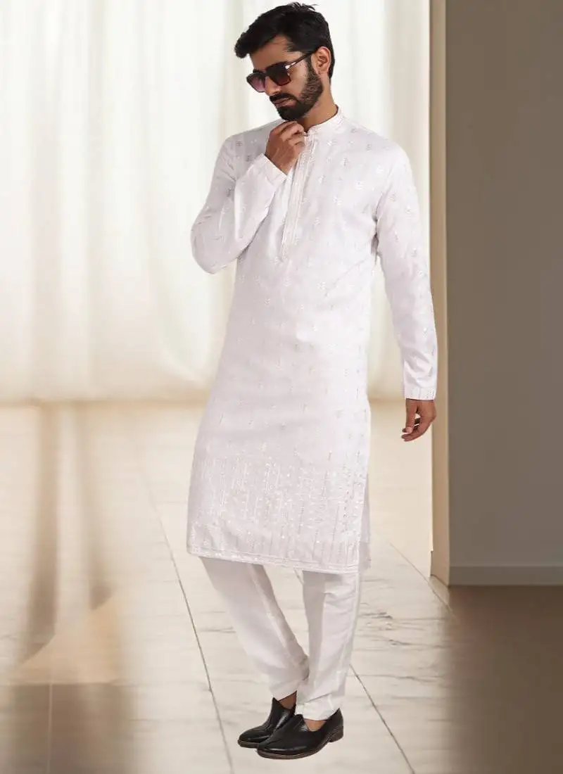 Off white silk kurta churidar for men's