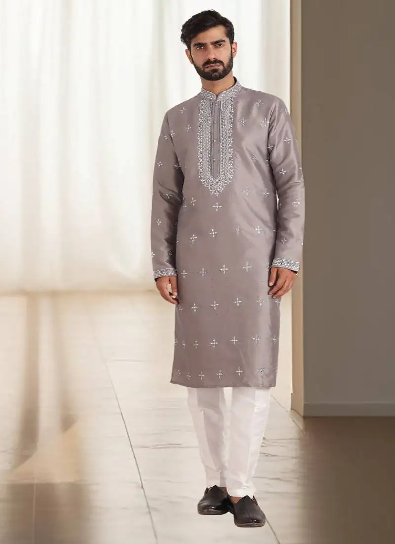 Grey cotton kurta churidar for mens