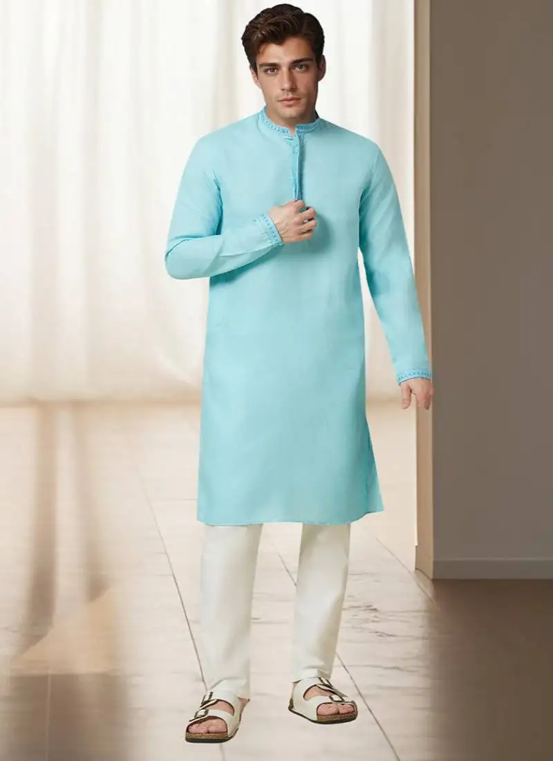 Sky blue cotton kurta for mens