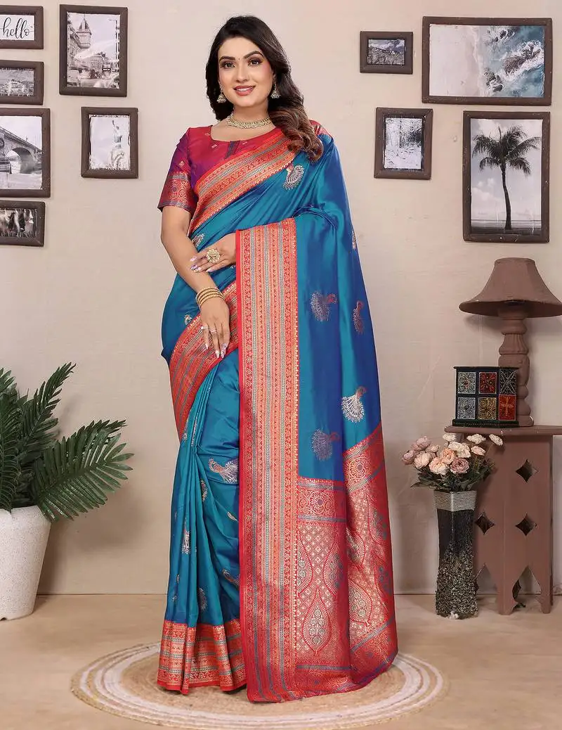 Royal blue silk blend zari butta weaving banarasi saree with contrast pallu and blouse