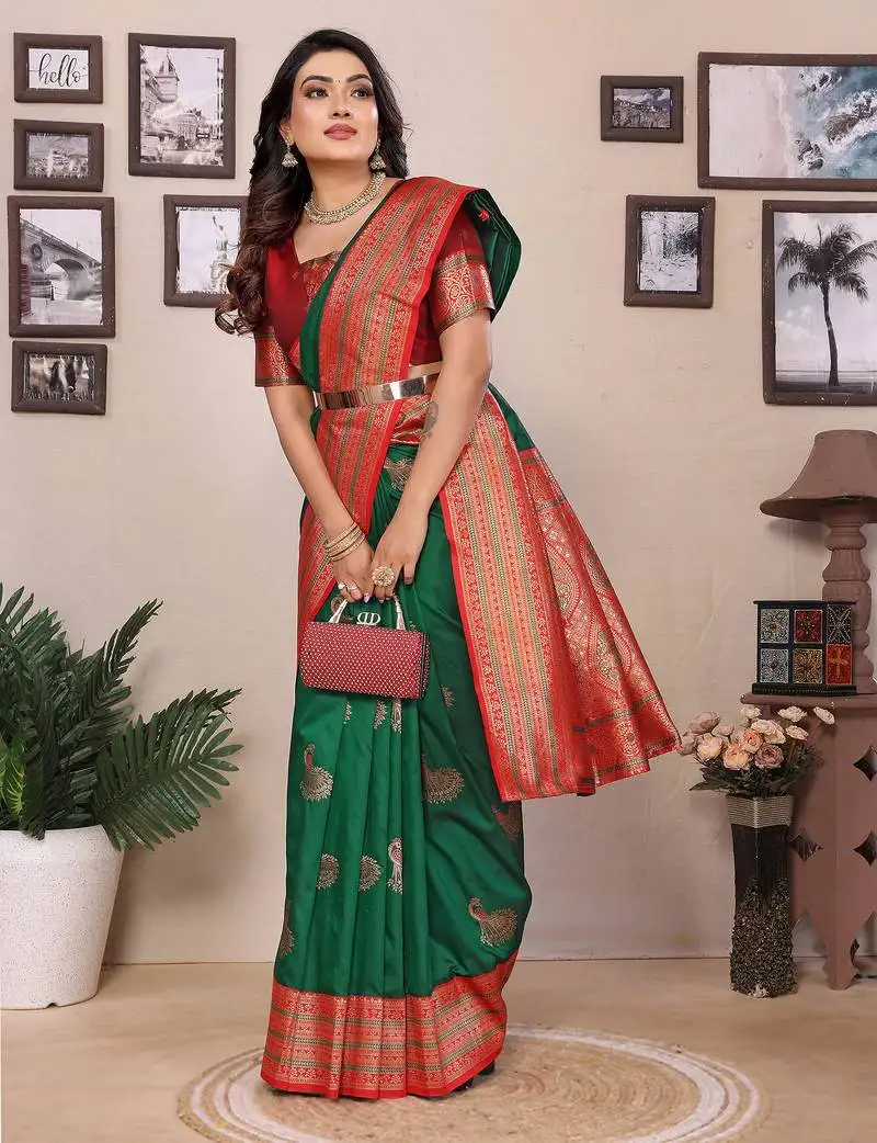 Green silk blend zari butta weaving banarasi saree with contrast pallu and blouse