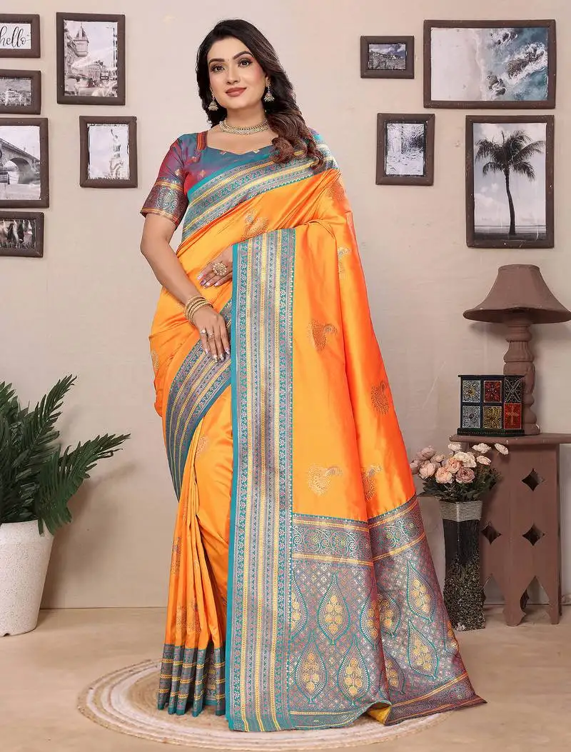 Orange silk blend zari butta weaving banarasi saree with contrast pallu and blouse