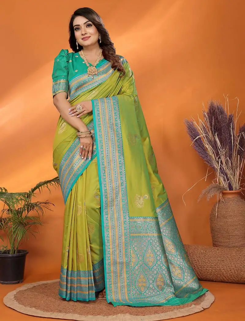 Light green silk blend zari butta weaving banarasi saree with contrast pallu and blouse