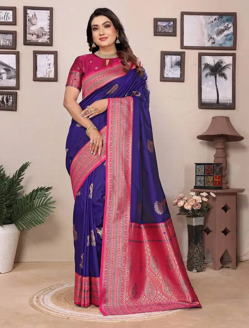 Purple silk blend zari butta weaving banarasi saree with contrast pallu and blouse