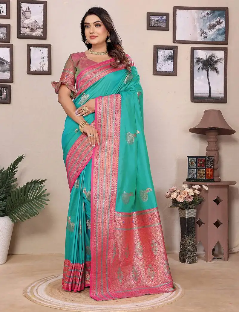 Turquoise silk blend zari butta weaving banarasi saree with contrast pallu and blouse