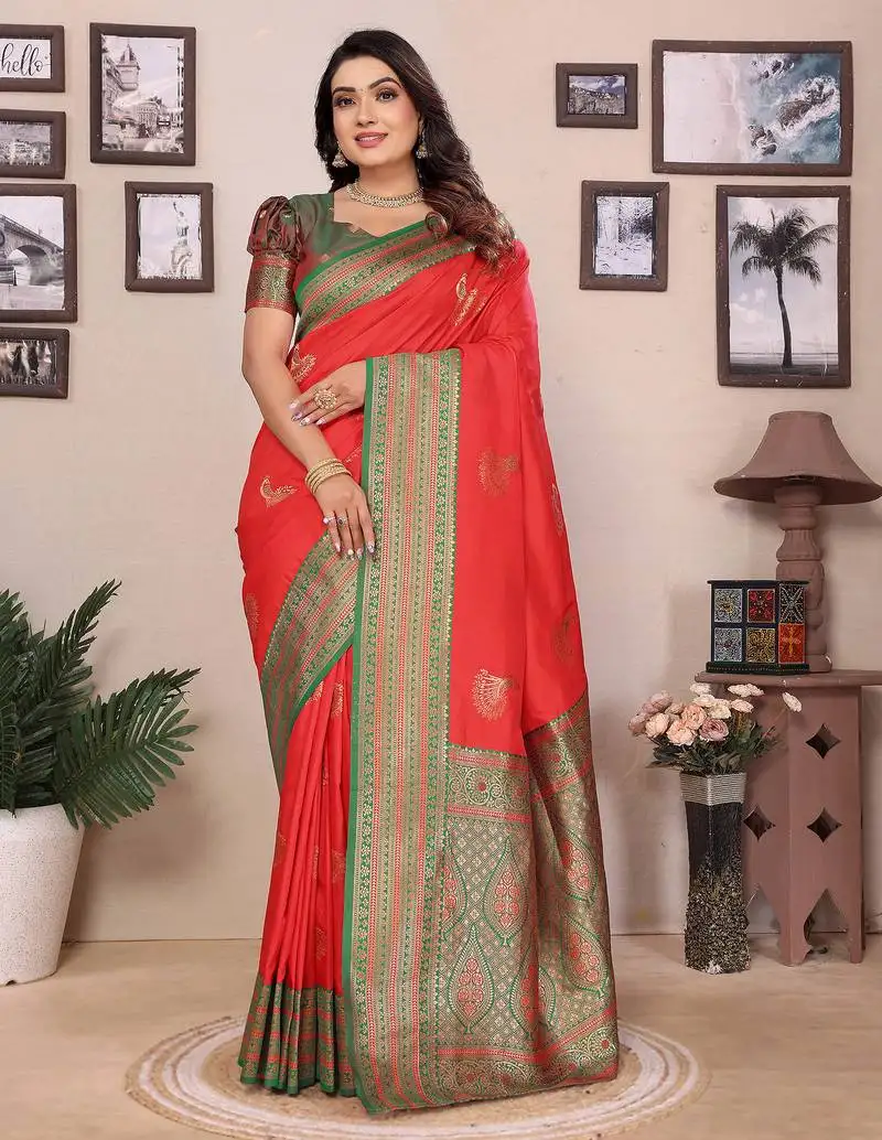 Red silk blend zari butta weaving banarasi saree with contrast pallu and blouse