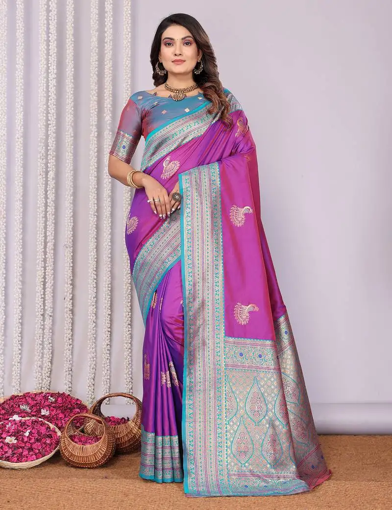 Pink silk blend zari butta weaving banarasi saree with contrast pallu and blouse