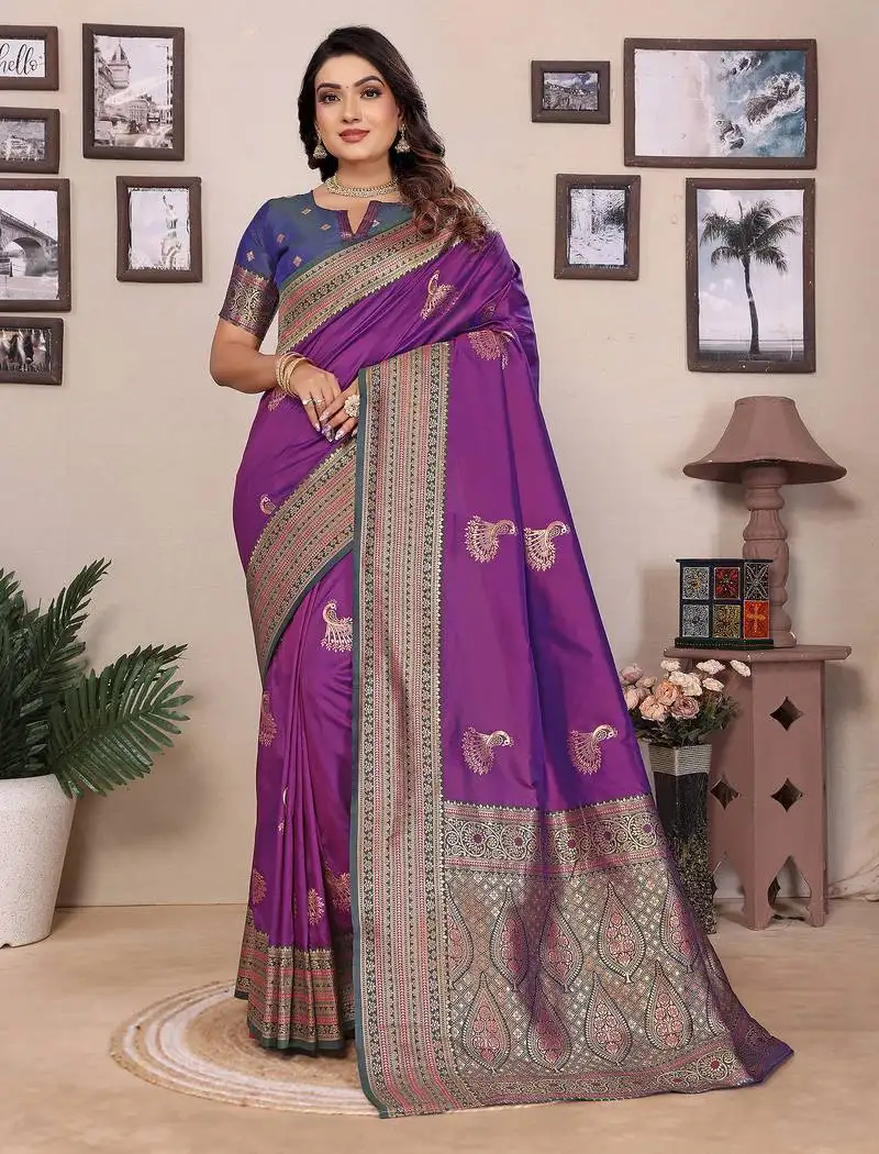 Magenta silk blend zari butta weaving banarasi saree with contrast pallu and blouse