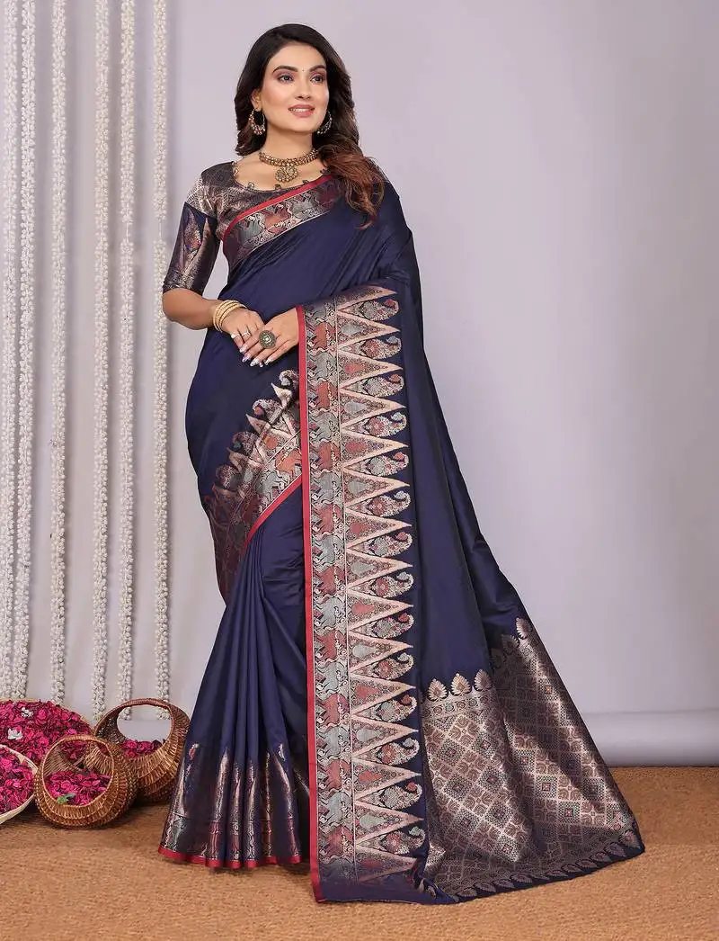Navy blue silk blend zari jacquard weaving banarasi saree with zari weaving border